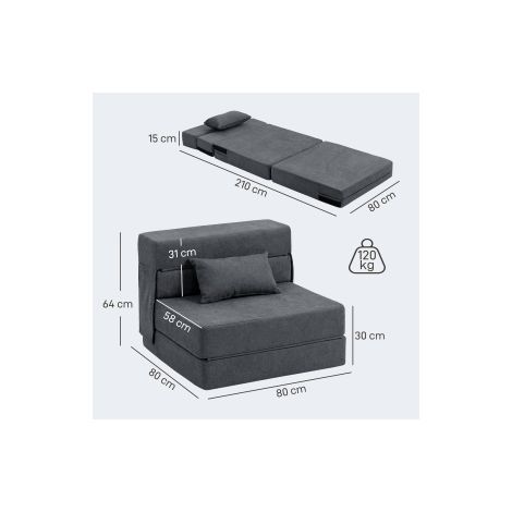 Fauteuil convertible 3-en-1 gris foncé en tissu aspect flanelle, avec coussin lombaire et fonction lit, pour salon et chambre (1/5)
