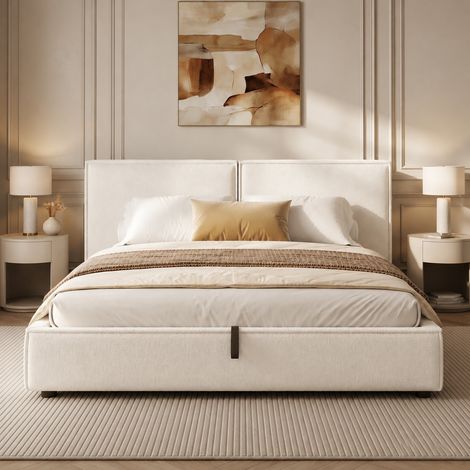 Lit coffre rembourré 180x200 cm avec rangement hydraulique, tête de lit épaisse à motif quadrillé Lit double avec sommier à lattes, bouclé, blanc (1/5)