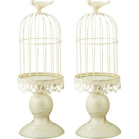 2 portavelas vintage con forma de jaula de pájaros, accesorios de decoración de mesa para bodas, portavelas de metal y hierro, blanco, S (1/4)
