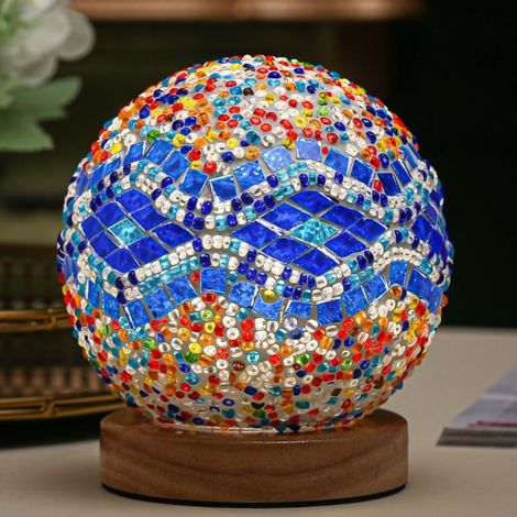 Lampe de mosaïque bleue baroque Vintage Retro teinté turc marocain bohème Tiffany côté lit coloré verre fait à la main avec base en bois USB charge décor lumière pour chambre (1/4)