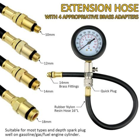 Testeur De Compression - Manomètre Pour Moteurs À Essence - Compatible Moto Tronçonneuse Motoneige Voiture - 1 Pièce (1/5)