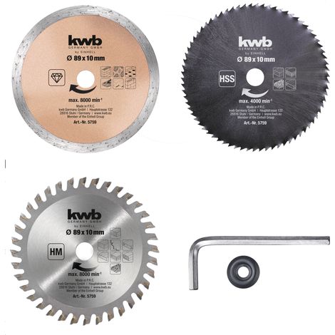 Kwb by Einhell Kit de 3 lames pour scies circulaires portatives (Ø 89 mm, lames HSS, carbures de tungstène et diamant, pour scies circulaires miniatures TC-CS 860/1 et TC-CS 860)