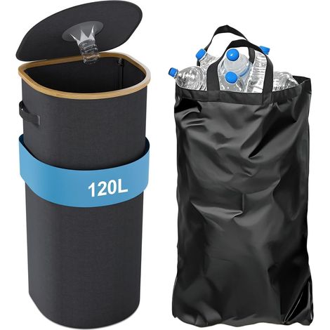 Poubelle pliable 120L avec couvercle et sac, intérieur et extérieur Grand bac de recyclage avec couvercle, Grande poubelle de cuisine, Panier pliable pour linge sale, Bac de tri pour bouteilles (1/5)