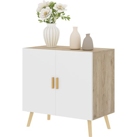 Buffet meuble de rangement avec poignées en bambou étagère ajustable base surélevée 76 x 41,2 x 74 cm blanc bois naturel (1/5)