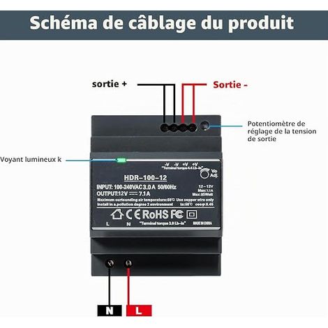 Alimentation 12V, HDR-100-12 Bloc d'alimentation rail DIN 12V DC 7.1A 100W sur Rail Transformateur (1/3)