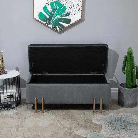 Sitzbank mit Stauraum Polsterbank mit Samtoptik, Sitztruhe mit Metallbeine, Truhenbank für Wohnzimmer Schlafzimmer Flur 100 x 40 x 42 cm, Dunkelgrau (1/5)