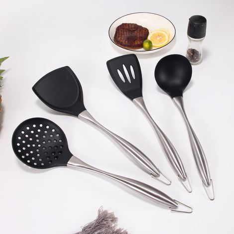Küchenhelfer-Set aus antihaftbeschichtetem Silikon – Pfannenwender und Löffel mit Edelstahlgriffen, Pfannenwender- und Schaumlöffel-Set zum Kochen-x (1/5)