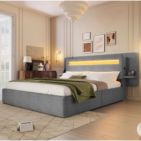 Cama 140x200 cm de Melaminado y lino gris, con almacenaje para dormitorio, sin colchón FloraGrace (1/5)