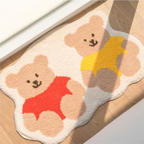 Tapis de bain antidérapant imitation cachemire avec motif ours cartoon - Absorbant, polyester premium, 60x90cm, rouge et jaune (1/5)