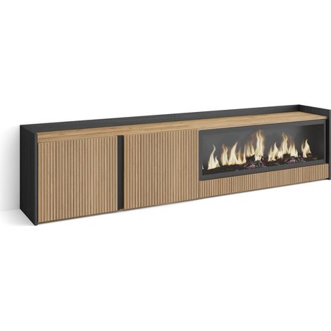 Skraut Home - Mueble TV, Televisión, Muebles de salón, almacenaje, 212x35x50cm, Para TV hasta 80", Chimenea eléctrica XXL, Estilo Moderno, Roble y negro (1/5)