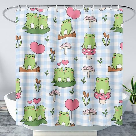 Cortina de ducha con diseño de rana adorable, cortina de ducha con rana y setas de dibujos animados, cortina de ducha impermeable. (1/5)