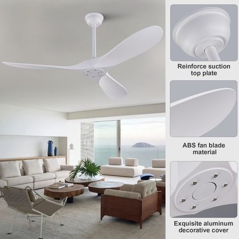 Ventilateur de plafond blanc 60 pouces sans lumière,commande à distance et minuterie. Moteur DC silencieux pour salon,patio et extérieur.