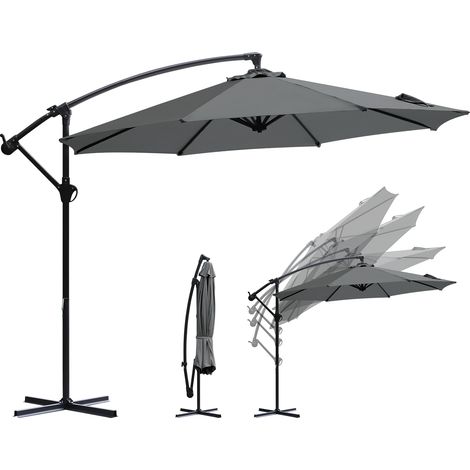 Sekey Ampelschirm 300 cm Sonnenschirm mit Kurbel & Kreuzständer - Gartenschirm Kurbelschirm mit Kurbelvorrichtung - Sonnenschutz UV50+, Grau