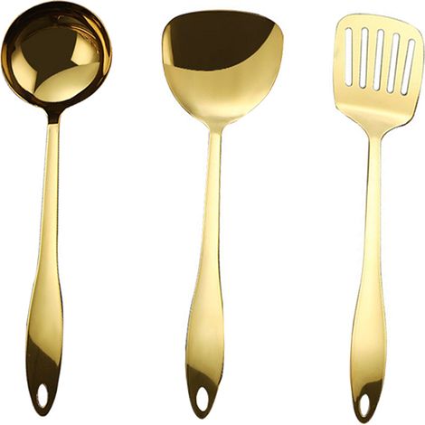 Set di utensili da cucina in acciaio inox rivestito in titanio – color oro – comprendente mestolo, spatola e setaccio.