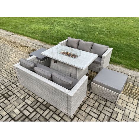 Fimous 8 Seater Garden Dining Sets Outdoor Rattan Furniture Gas Fire Pit Dining Table Gas Heater with 2 Big Footstools Light Grey (1/5)