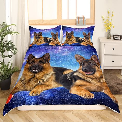 Parure de lit 3D avec housse de couette 135 x 200 cm, motif chien, galaxie et ciel étoilé, bleu et violet, motif animal de compagnie, pour garçons et filles (1/5)