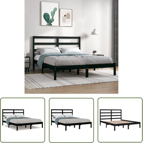SKM Cadre de lit Noir Bois de pin massif 140x190 cm (1/5)