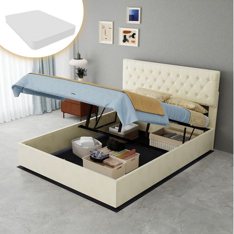 Letto moderno minimalista in velluto beige 140x200 cm con testiera alta imbottita, rete a doghe e materasso incluso (1/5)