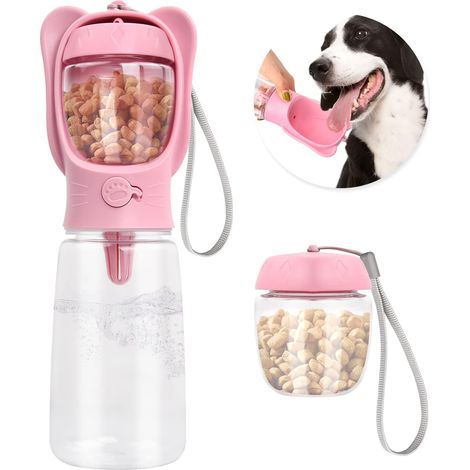 Portable Dog Water Bottle 550ml, Multifunctional Pet Water Bottle with 80ml Food Cup, Pets Travel Bottle, Puppy Water Dispenser Gourd