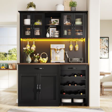 Buffet de cuisine 140x38x180cm avec chariot, LED, rangement à verres et porte-bouteilles, meuble haut pour cuisine, salon,noir (1/5)
