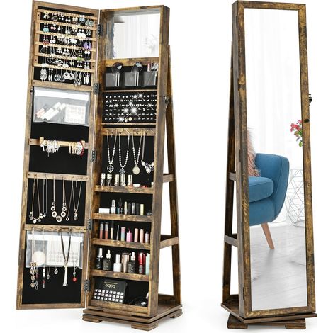 Armoire à bijoux marron rustique avec miroir pleine hauteur, base rotative 360 et fermeture à clé pour chambre et dressing (1/5)