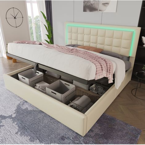 REDOM - Cama doble 180x200 cm con LED y almacenamiento hidráulico, PU blanco sin colchón (1/5)