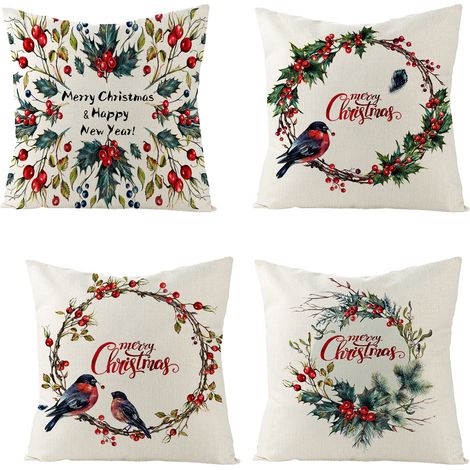 Taie D’Oreiller De Noël - 4 Pièces 45,7 X 45,7 Cm - Tissu Coton Lin - Fermeture Éclair Invisible - Imprimé Numérique Unilatéral (1/5)