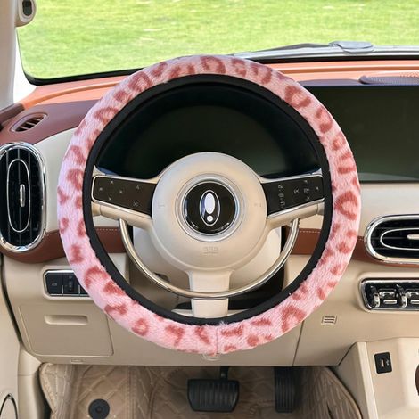 Coprivolante per auto in morbido peluche, stampa leopardata rosa, coprivolante invernale, antiscivolo e caldo, misura universale 38 cm (1/5)