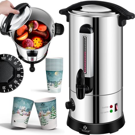 Kesser – Chaudière à vin chaud 10L inox – Distributeur automatique avec thermostat – 10 gobelets inclus – 950W – Acier inoxydable – Température réglable 30-100°C