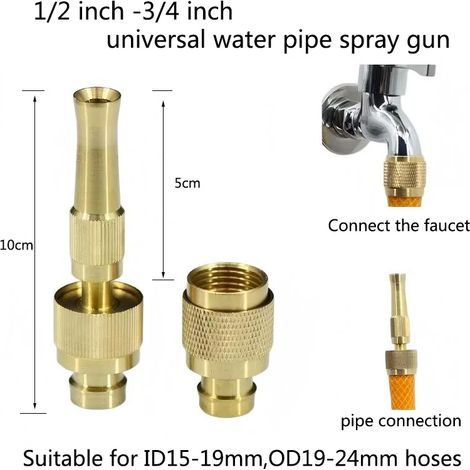 (1 buse) Pistolet à eau universel à pulvérisation directe pour tuyau d'arrosage, buse en cuivre pour l'irrigation, le lavage de fleurs et de voitures, 1/2'' et 3/4'', applications multiples (1/4)