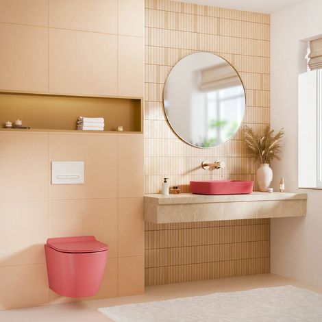 Ceramia PixL WC Hängetoilette Keramik ohne Spülrand Tornado Quiet, Rosa Matt, unsichtbare Befestigung + SoftClose-Sitz