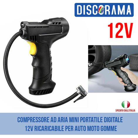 COMPRESSORE AD ARIA MINI PORTATILE DIGITALE 12V RICARICABILE PER AUTO MOTO GOMME 120W SCHERMO LCD - DISCORAMA® (1/5)