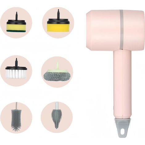 Brosse de nettoyage électrique rotative multifonctionnelle sans fil à 360° avec 6 têtes de brosse interchangeables, pour cuisine, salle de bain, douche, baignoire, vitres et voiture. (1/5)