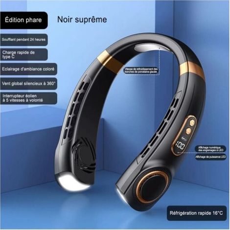 Mini ventilateur de cou électrique USB portable. Silencieux. Affichage numérique LED. Sans pales. Lumière intégrée. 5 vitesses pour l'été. (1/5)