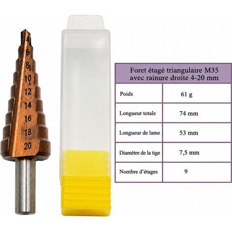 Foret étagé 4-20 mm en acier rapide 5 à queue triangulaire 4-20 61g 9 5 74 × 2,4 × 2,4 cm 61 g – Livraison gratuite