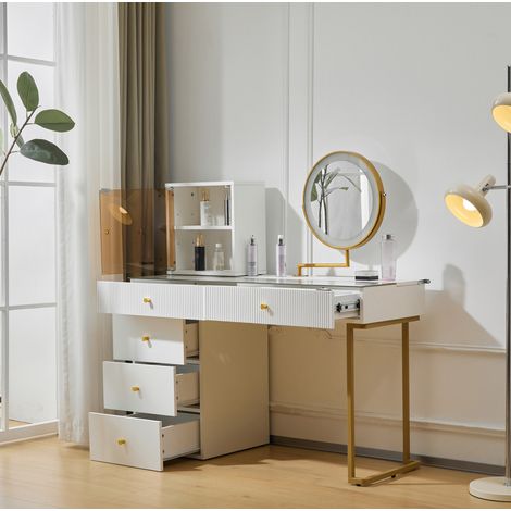 MEUBLIV Coiffeuse 120 x 45 x 115 cm blanche – miroir LED, plateau en verre, sans tabouret (1/5)