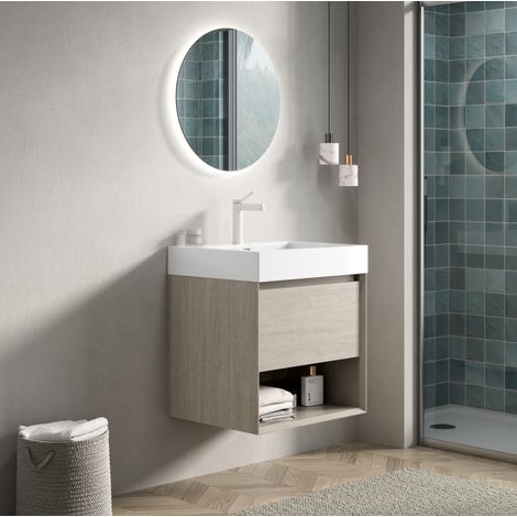 Mobile bagno sospeso 55 cm con lavabo in resina bianca, 1 cassetto e ripiano aperto, rovere chiaro (1/5)