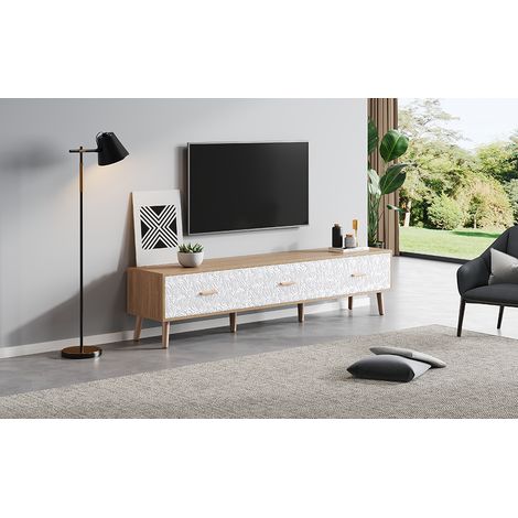 Téléviseur à écran bas, style vintage. Meuble de salon et de chambre à coucher en bois. Bois clair. Pare-brise blanc au style vintage. Dimensions : 150×35×39 cm. (1/5)