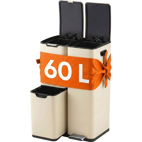 Relaxdays Mülleimer, 3 Fächer, 60 l, entnehmbare Inneneimer, Softclose, Fußpedal, Edelstahl, Mülltrenner Küche, beige