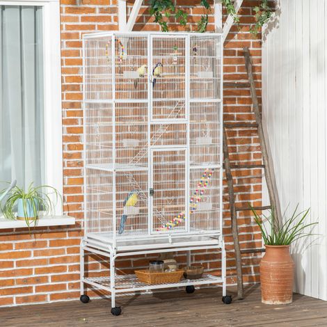 Gabbia per Uccelli in Acciaio e PP con Posatoi, Giocattoli, Contenitori per Cibo e Vassoio Removibile, 83x53x180 cm, Bianco (1/5)