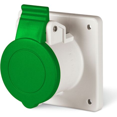 Prise à encastrer 3P+N+T 16A femelle clapet vert tension sup 50V AC 300-500Hz socle 75x75mm pour coffret 2h étanche IP44 EUREKA