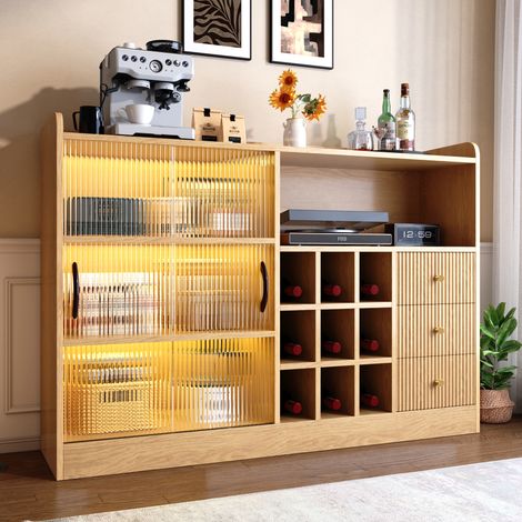 Buffet de rangement multifonction 120x85x30 cm avec LED, portes coulissantes en verre et casier à vin, bois naturel (1/5)
