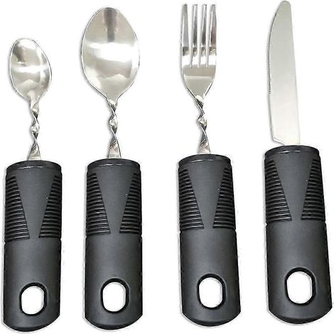 Ensemble de 4 couverts flexibles pour adultes handicapés - Ustensiles adaptés lestés pour personnes âgées (noir et argent) : (1/4)