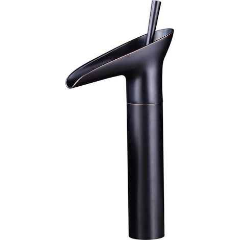 Robinet Mitigeur Lavabo Rétro Brossé en Bronze Noir, Mélangeur d'Eau Chaude et Froide à Un Trou avec Bec Haut (1/5)