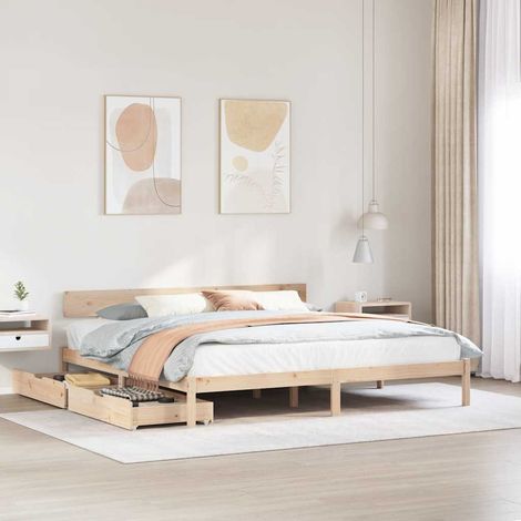 Cadre de lit 200x200 cm bois massif de pin avec sommier lattes et 2 tiroirs rangement (1/4)