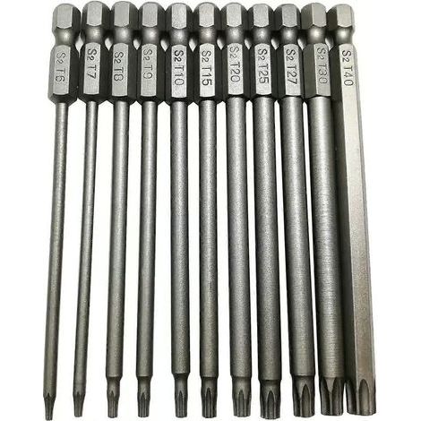 Set de tournevis Torx longs 11 pièces Ensemble de embouts Torx creux acier S2 avec tête de sécurité manche hexagonal 100 mm T6 T7 T8 T9 T10 T15 T20 T25 T27 (1/5)