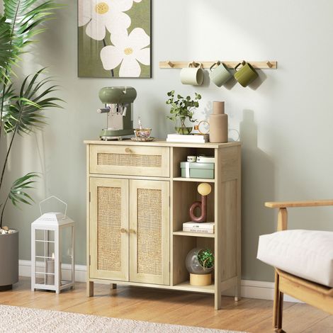 Sideboard, Aufbewahrungsmöbel, 2 Rattantüren, Schublade, offene Fächer, verstellbare Einlegeböden, 75 x 30 x 79,5 cm, Naturholz (1/5)