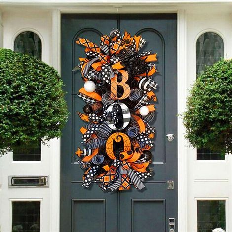 Couronne d'Halloween Citrouille BOO Porte d'Entrée Bienvenue Décorations de Fête pour Maison, Jardin, Style Campagne, Art Décoratif (1/3)