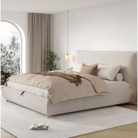Cama doble 180x200 cm crema en terciopelo con canapé hidráulico y somier (1/5)