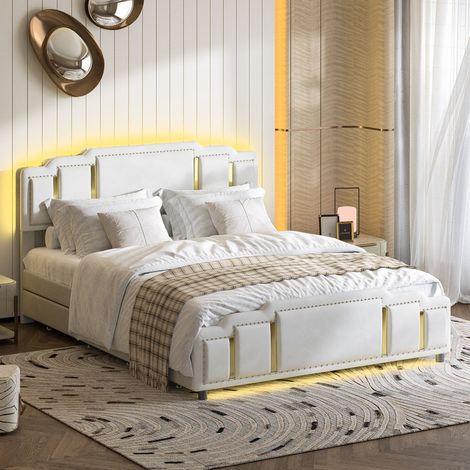 Letto con contenitore in velluto beige, 160x200 cm, illuminazione a LED a 7 colori, 4 cassetti, finitura in acciaio inox. (1/5)